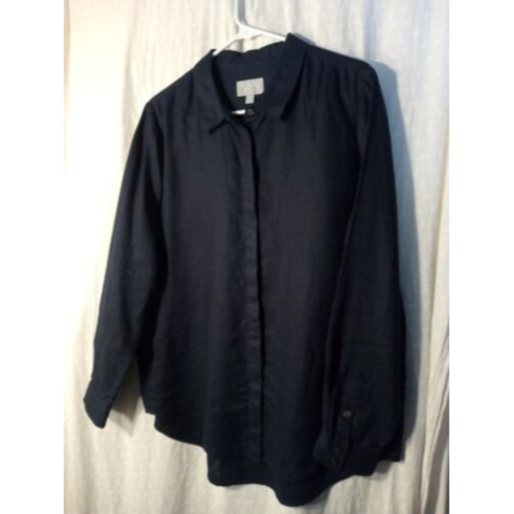 Pure Collection 100% Linen Women's Button Up Blouse Dark Blue Size Large